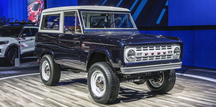 This classic Ford Bronco has a modern GT500 engine and a manual